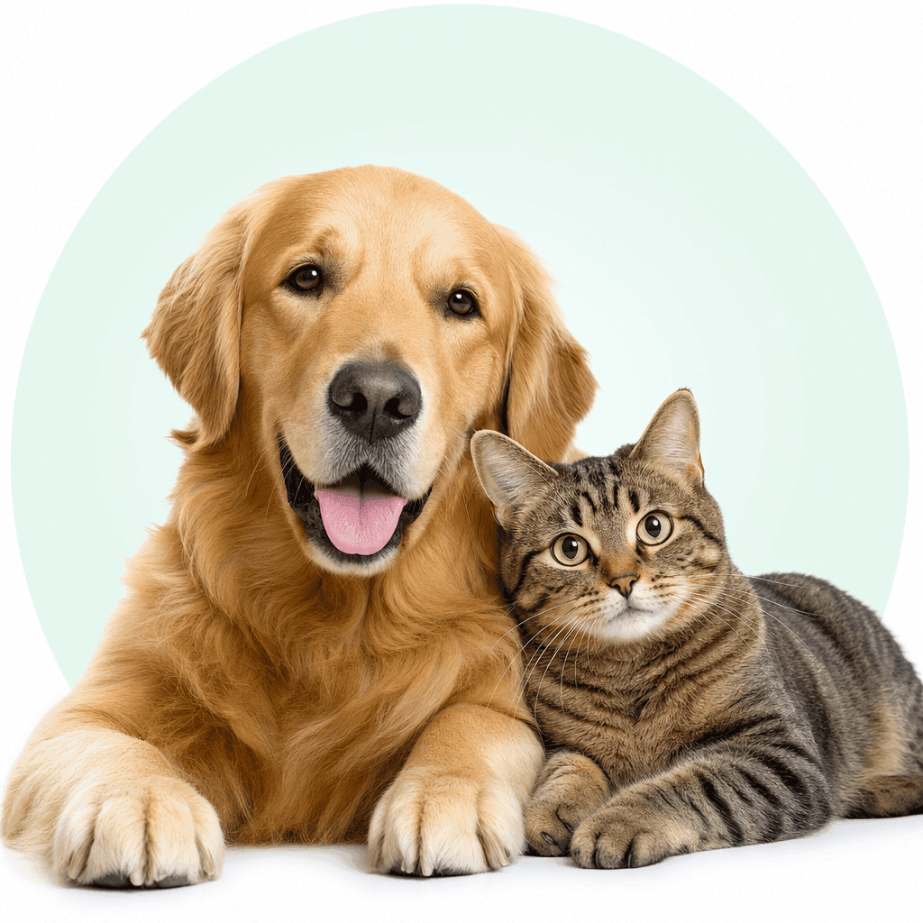 一隻黃金獵犬與一隻虎斑貓依偎在一起